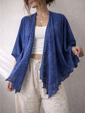 Chico’s Blue Laser Cut Open Front‎ Shawl Wrap One Size Boho Coastal Indie